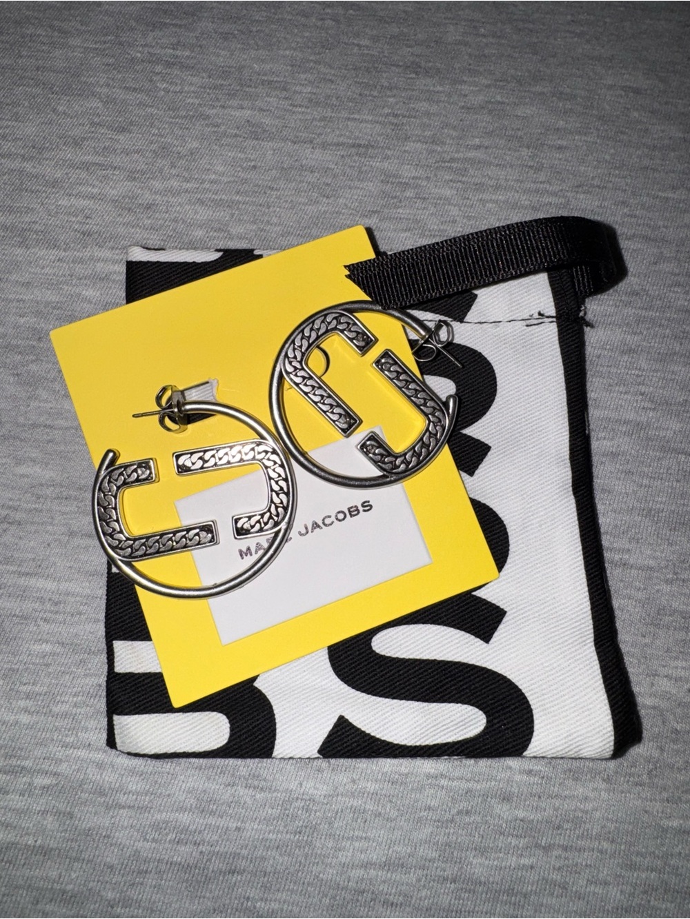 Marc Jacobs antique silver costume jewelry hoops Black & White Logo Pouch